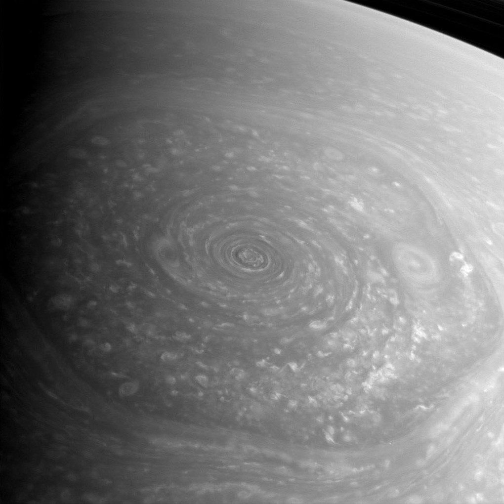 A six-sided storm pattern circles Saturn's north pole. The hexagon spans about 20,000 miles and is a jet stream of 200-mile-per-hour winds, NASA says.