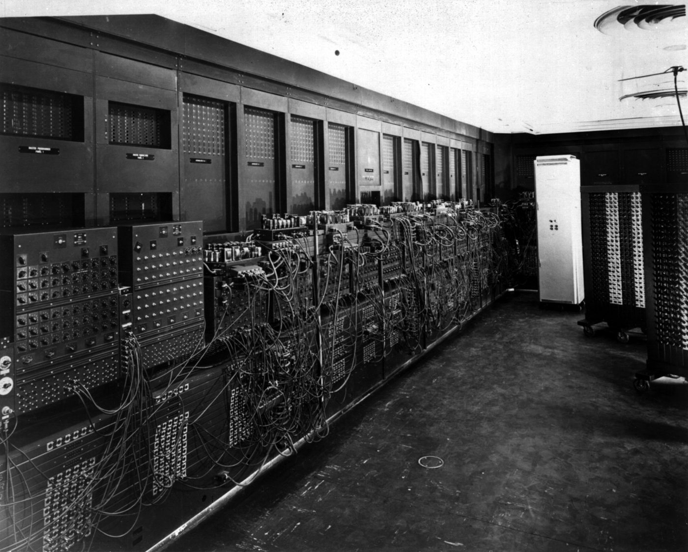 ENIAC, the Army's electronic computer dedicated in 1946, weighed over 30 tons and drew almost 200 kilowatts of power. It was built to compute artillery firing tables.