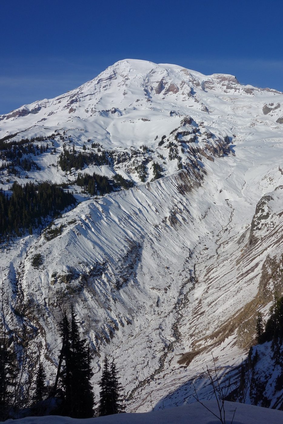 Mount Rainier carries 28 major glaciers. Together with its smaller snow and ice patches, they cover about 30 square miles and feed five major river systems.