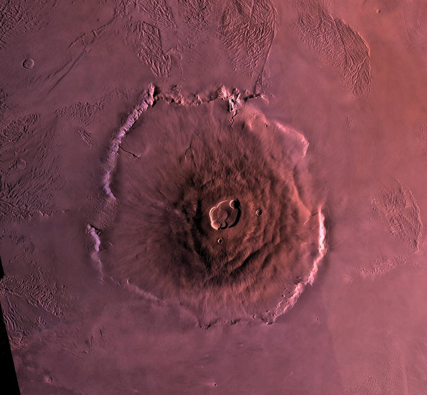 Olympus Mons on Mars is the largest known volcano in the solar system. Its base sprawls across about 373 miles, NASA says.