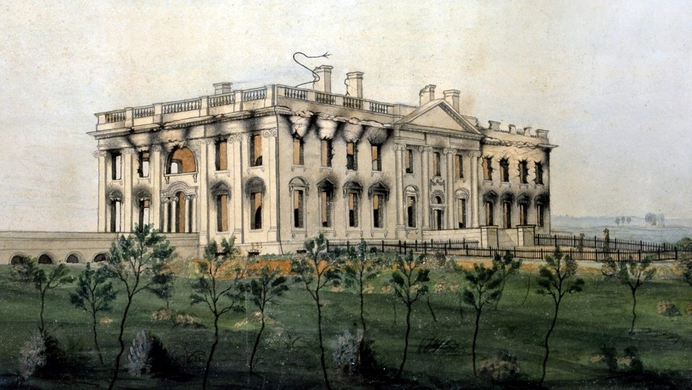 On August 24, 1814, British troops spent nearly an hour eating and taking souvenirs inside the White House, then set it on fire. Only a roofless stone shell was left.