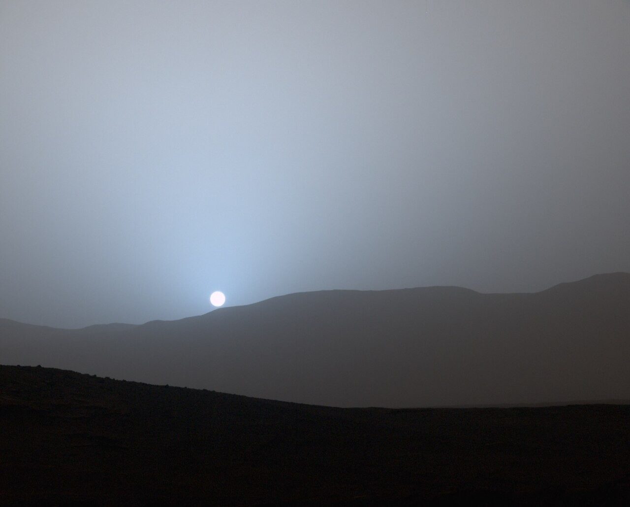 On Mars, sunsets glow blue. NASA's Curiosity rover photographed its first color sunset there on April 15, 2015, from inside Gale Crater.
