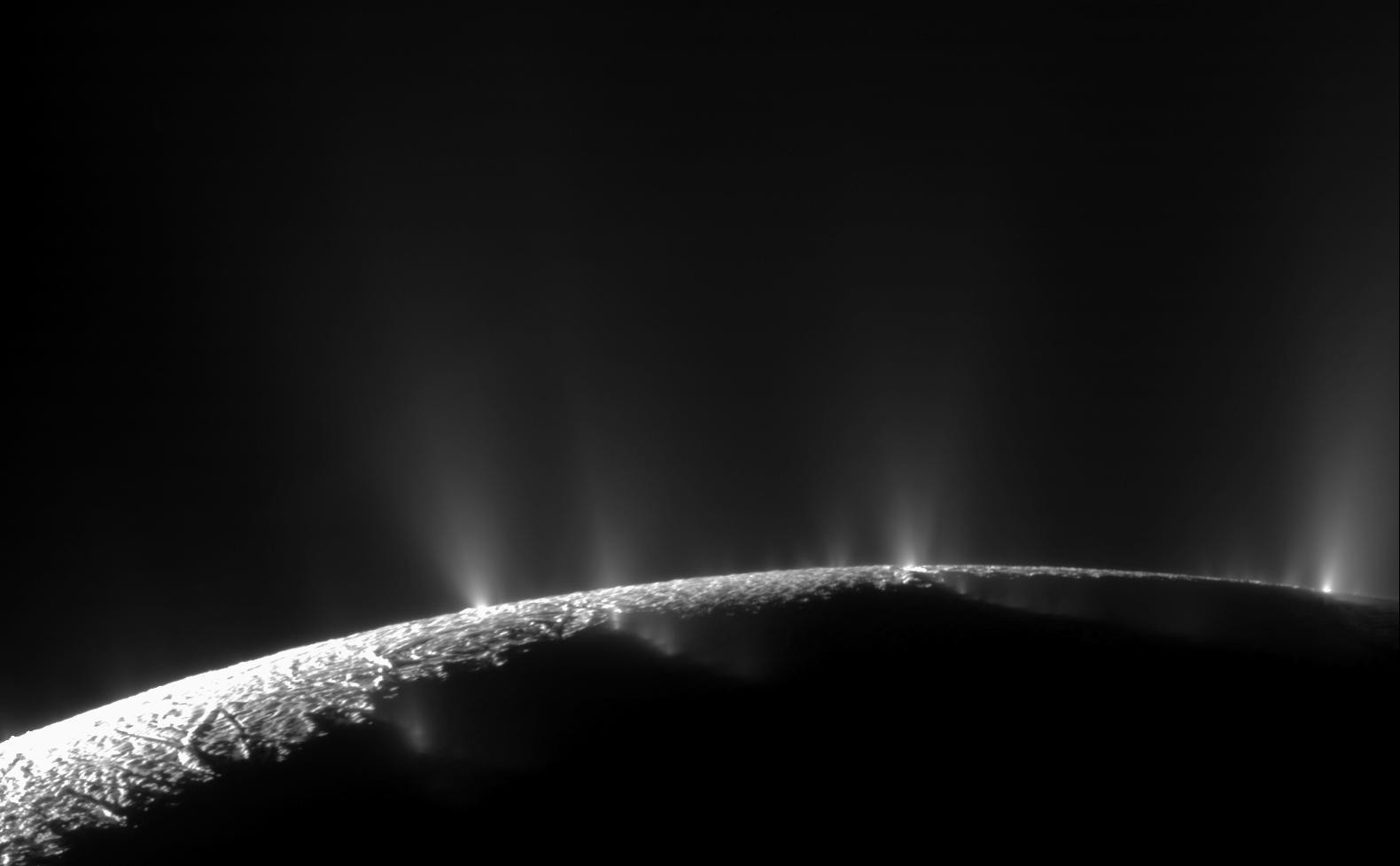 Saturn's moon Enceladus is only about 310 miles wide, yet it shoots jets of water vapor and ice into space from a salty ocean hidden under its icy shell.